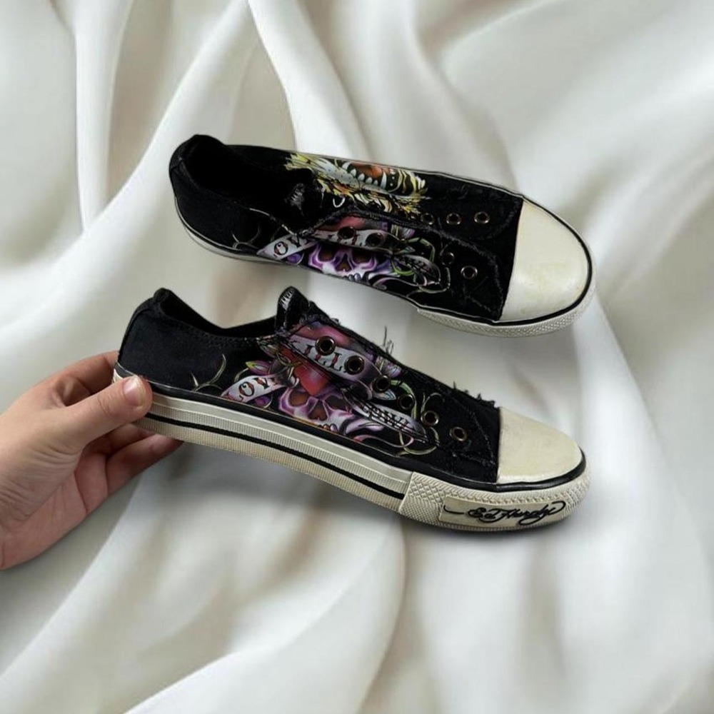 Ed Hardy black purple love kills slowly skull tiger tattoo low top sneakers y2k